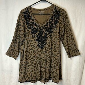 Karyn Seo Women’s Tunic Size M Embroidered Black Brown Animal Print 100% Cotton